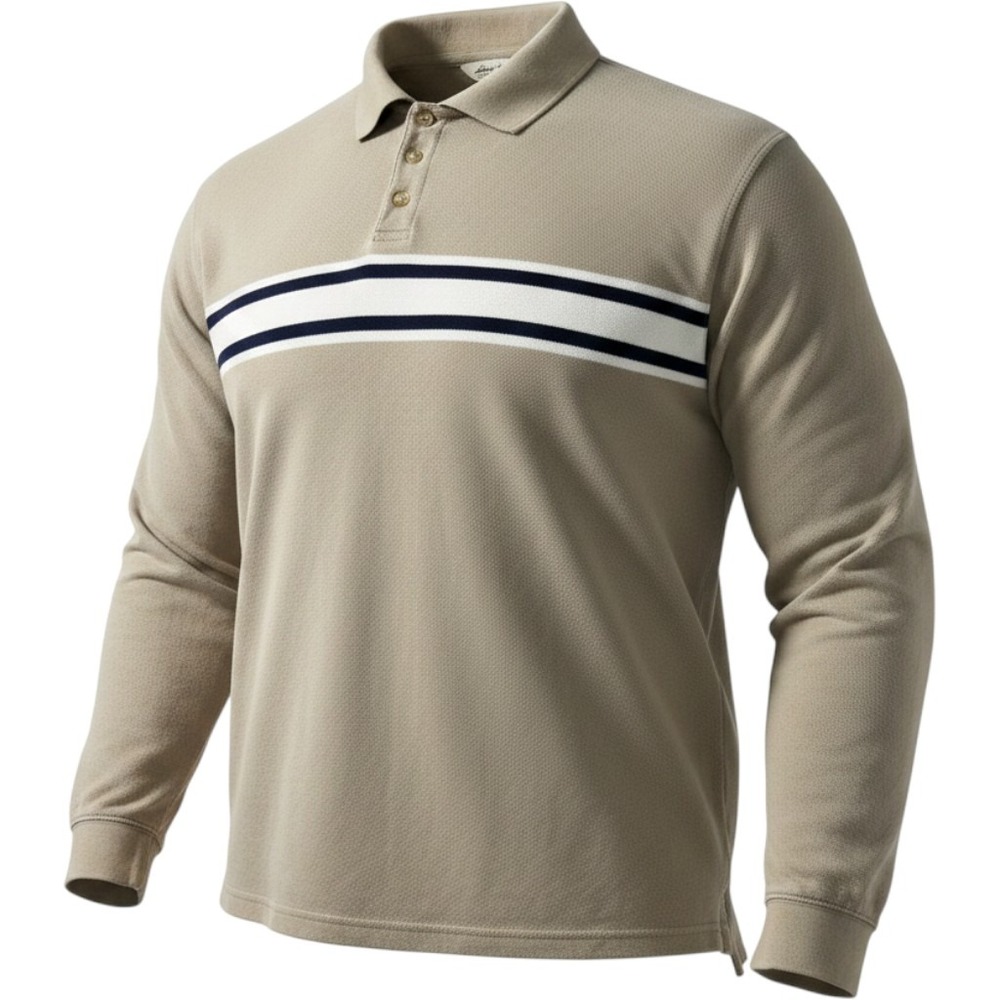 Vintage Eddie Bauer Long Sleeve Polo Shirt XXL Tan Stripe Rugby 100% Cotton Mens